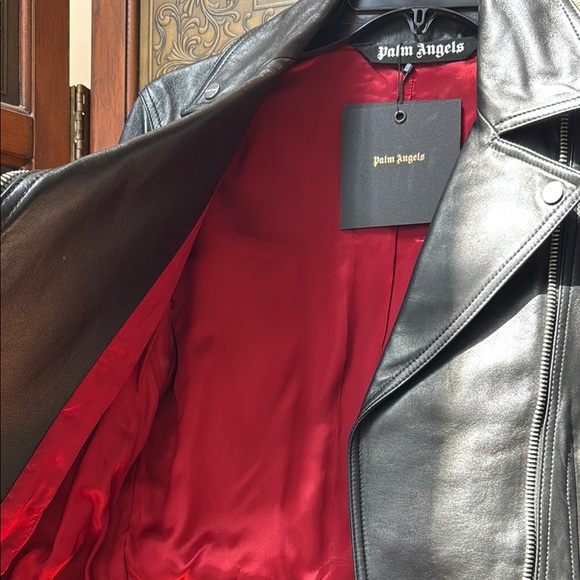 Palm Angels Logo Print Leather Belted Biker Jacket - Picture 9 of 12